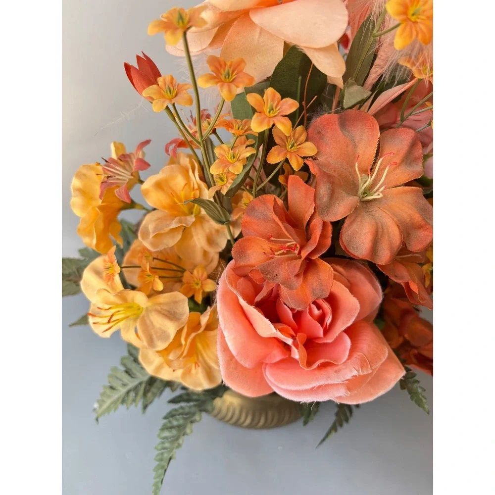 Vtg Silk Floral Arrangement Peach Feathers Roses Brass Bowl‎ Made in India 15
